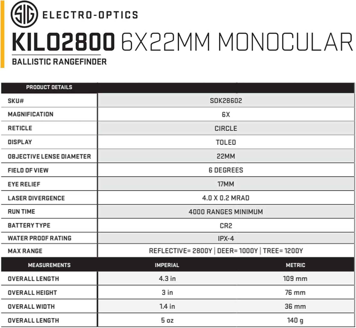 Sig Sauer Kilo 2800 6x22mm Ballistic Rangefinder – À Prova d'Água, Circle Reticle, Anti-Reflexo