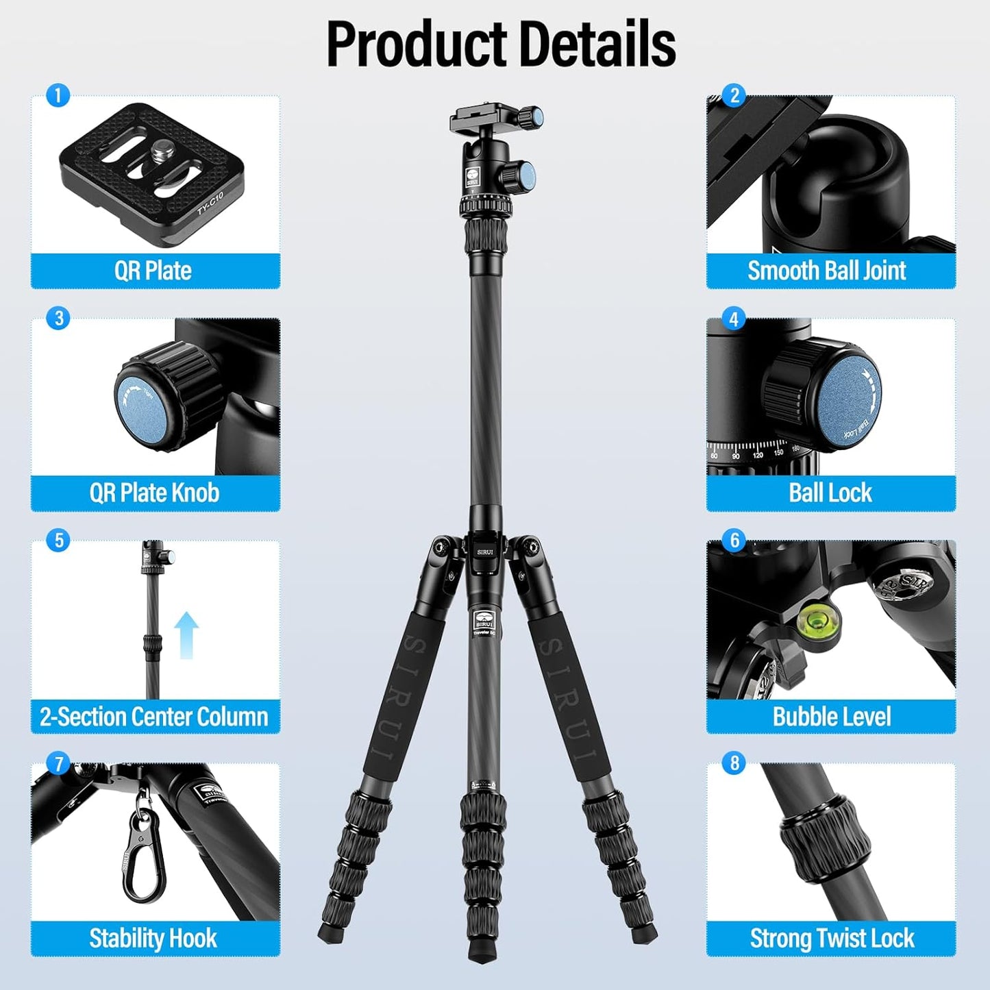 Tripé Sirui Traveler 5C Carbon Tripod 54,3″ | 0,85 kg | 4 kg Load | Arca Ball Head