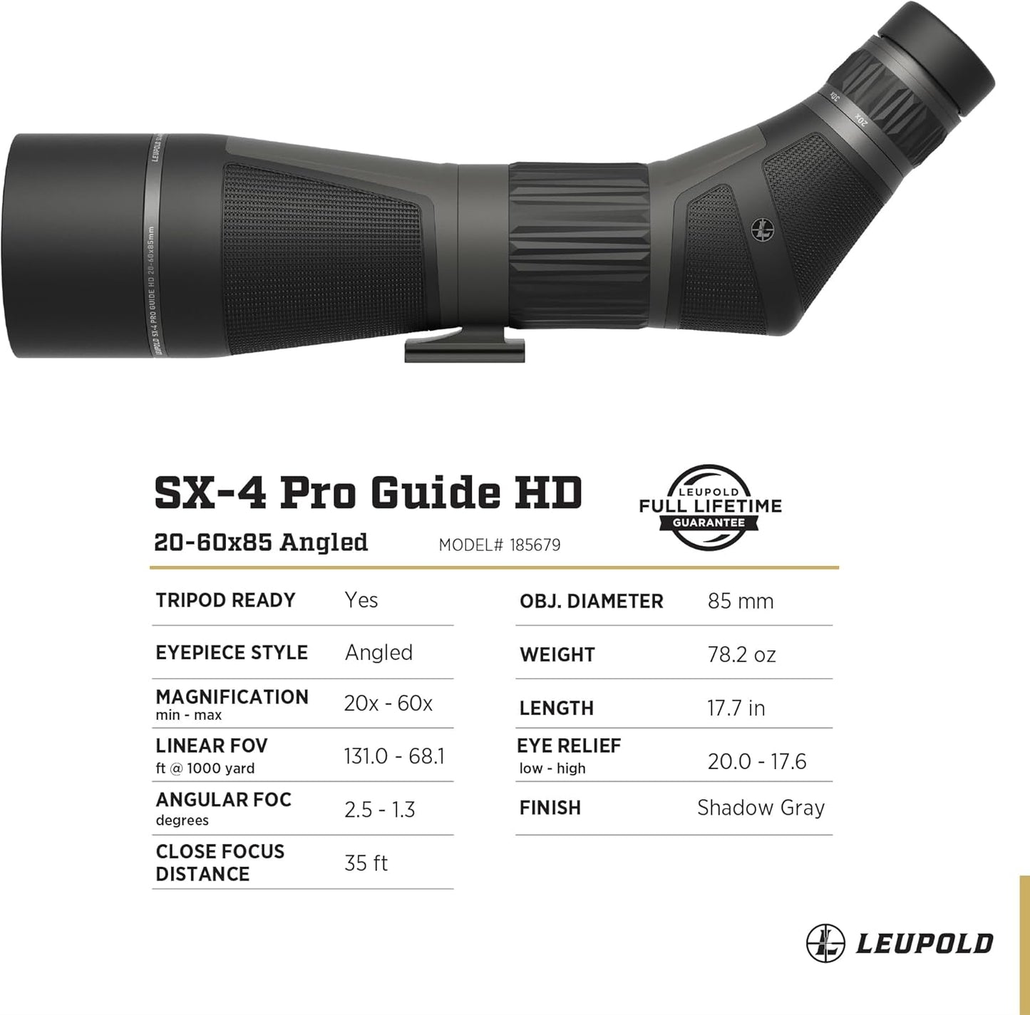 Leupold SX-4 Pro Guide HD Gen 2 20-60x85mm – Luneta de Espotagem de Alta Definição para Caça, Observação e Tiro de Longo Alcance