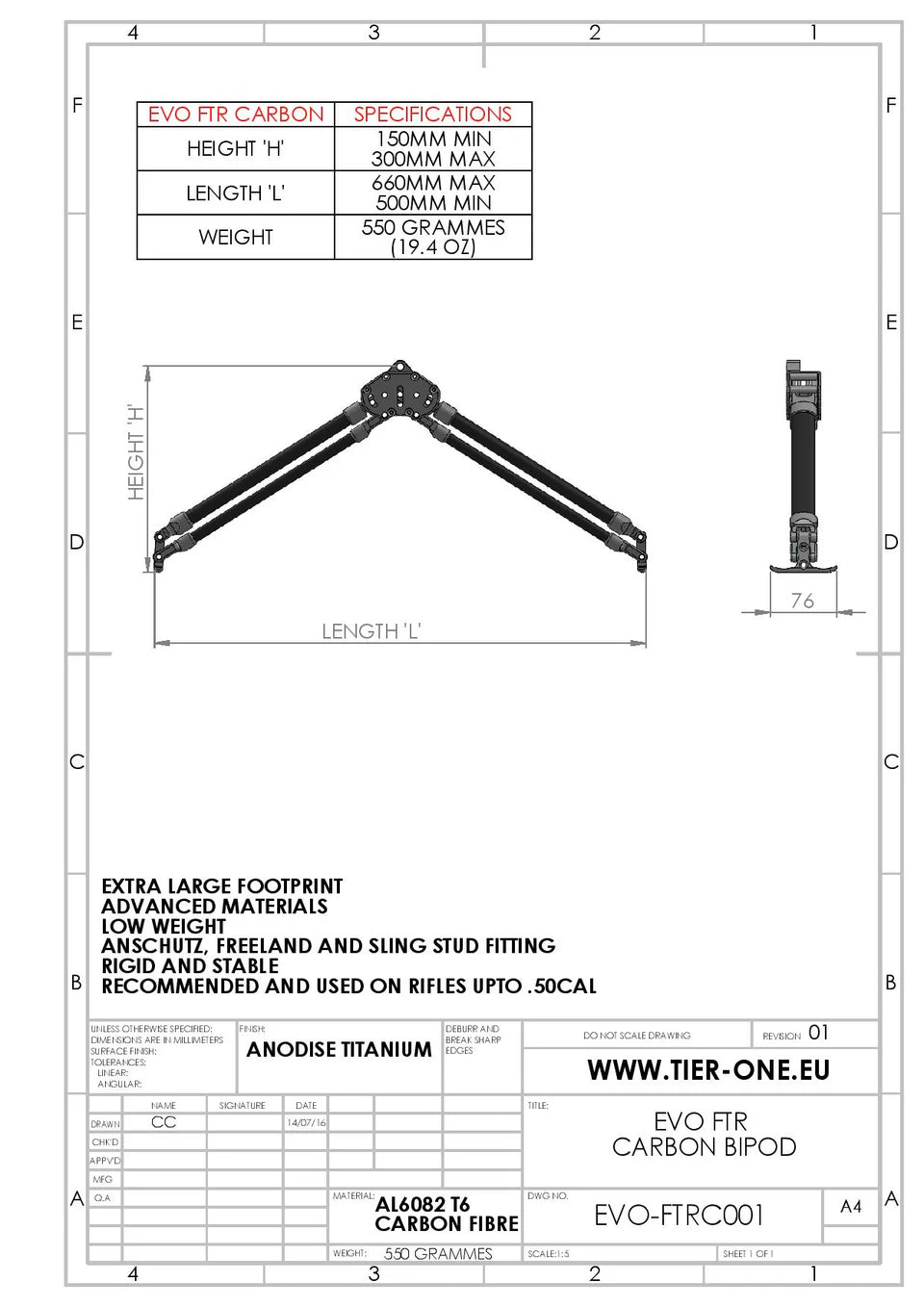 Bipé para F-CLASS Tier One Carbon Fiber Bipod FTR Sling Swivel – Fibra de Carbono, Leveza e Precisão Extremas