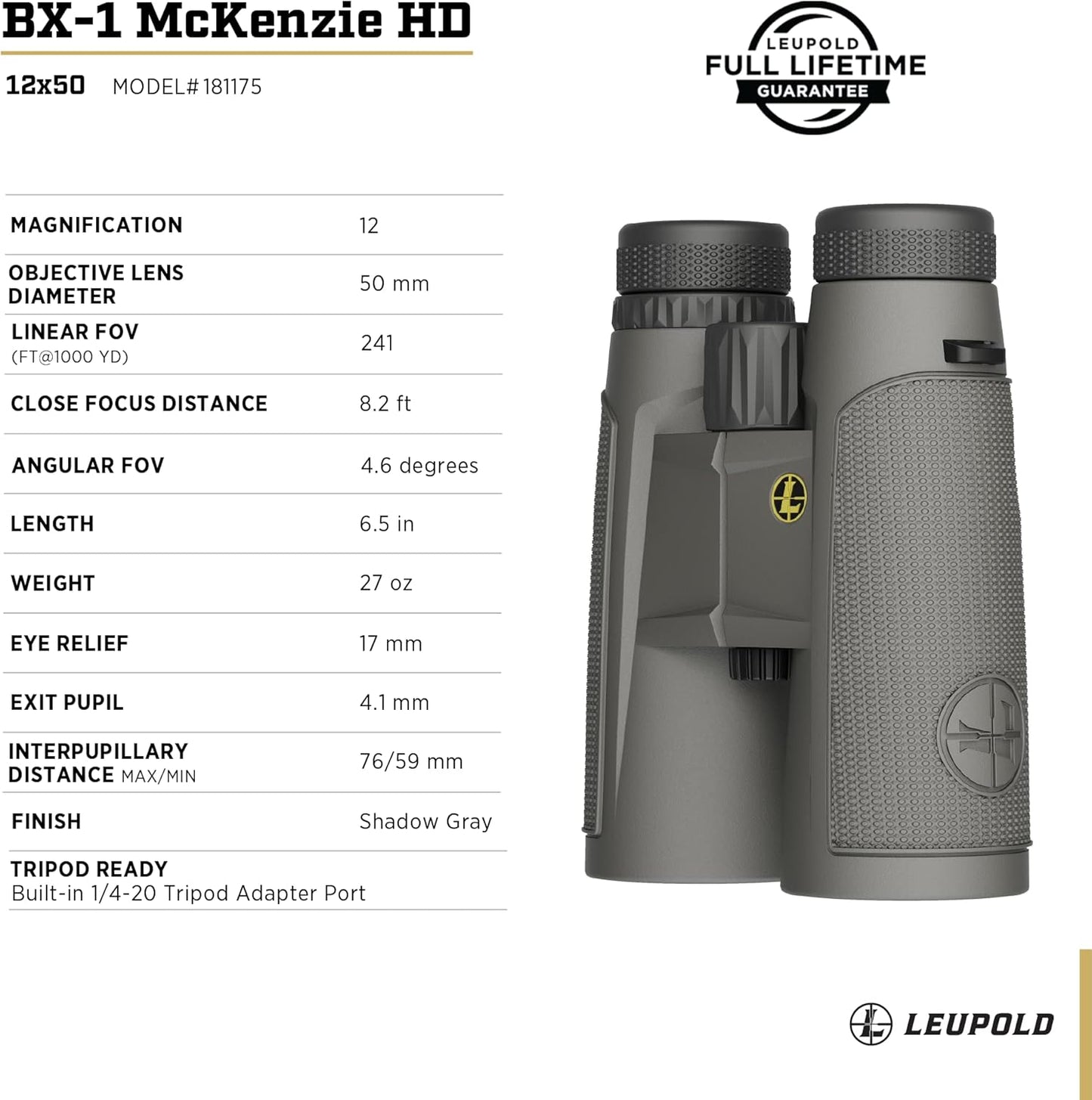 Binóculo Leupold BX-1 McKenzie HD 12x50 Shadow Gray