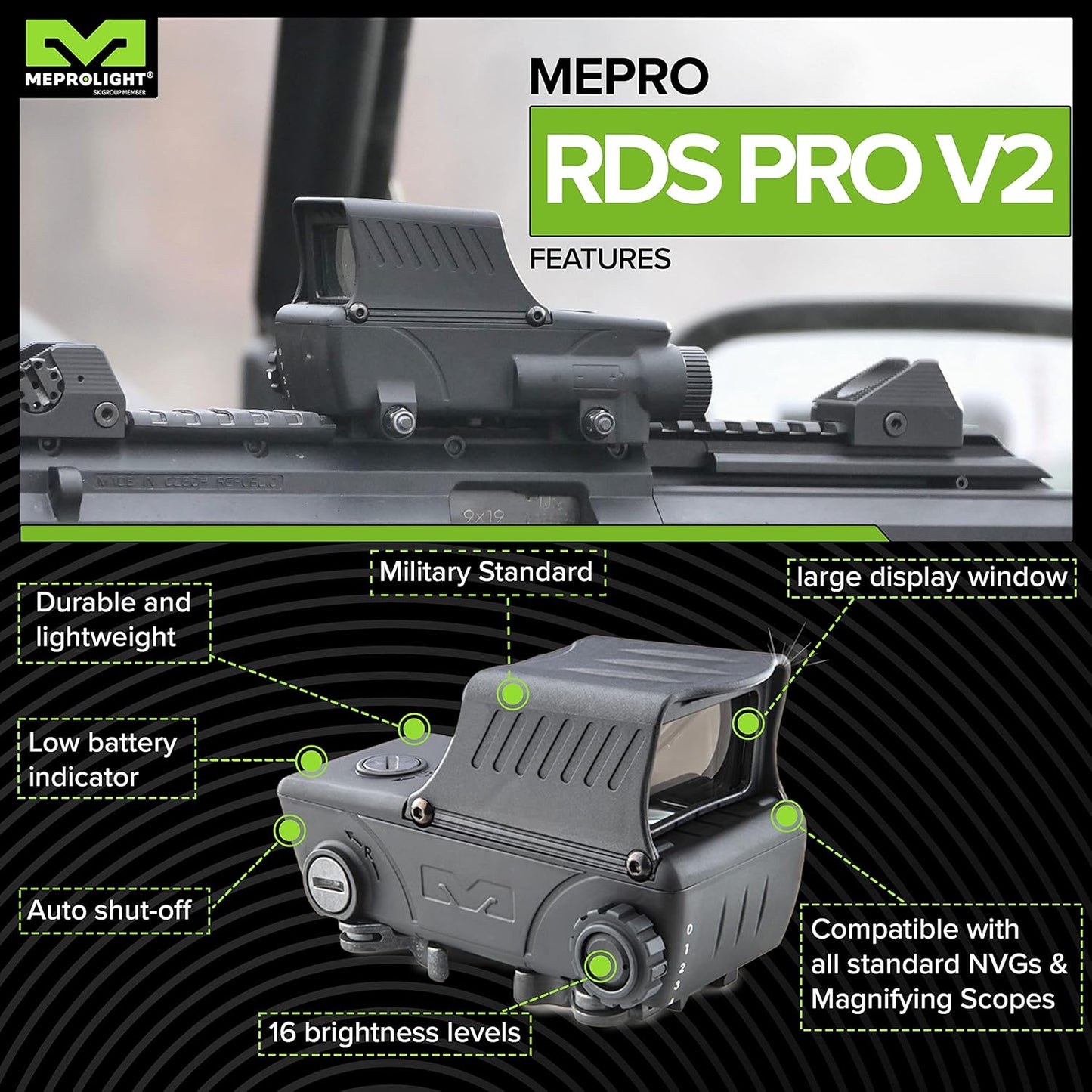 Red Dot Meprolight RDS PRO V2 Green 2.2 MOA Bullseye Military-Grade Reflex Sight