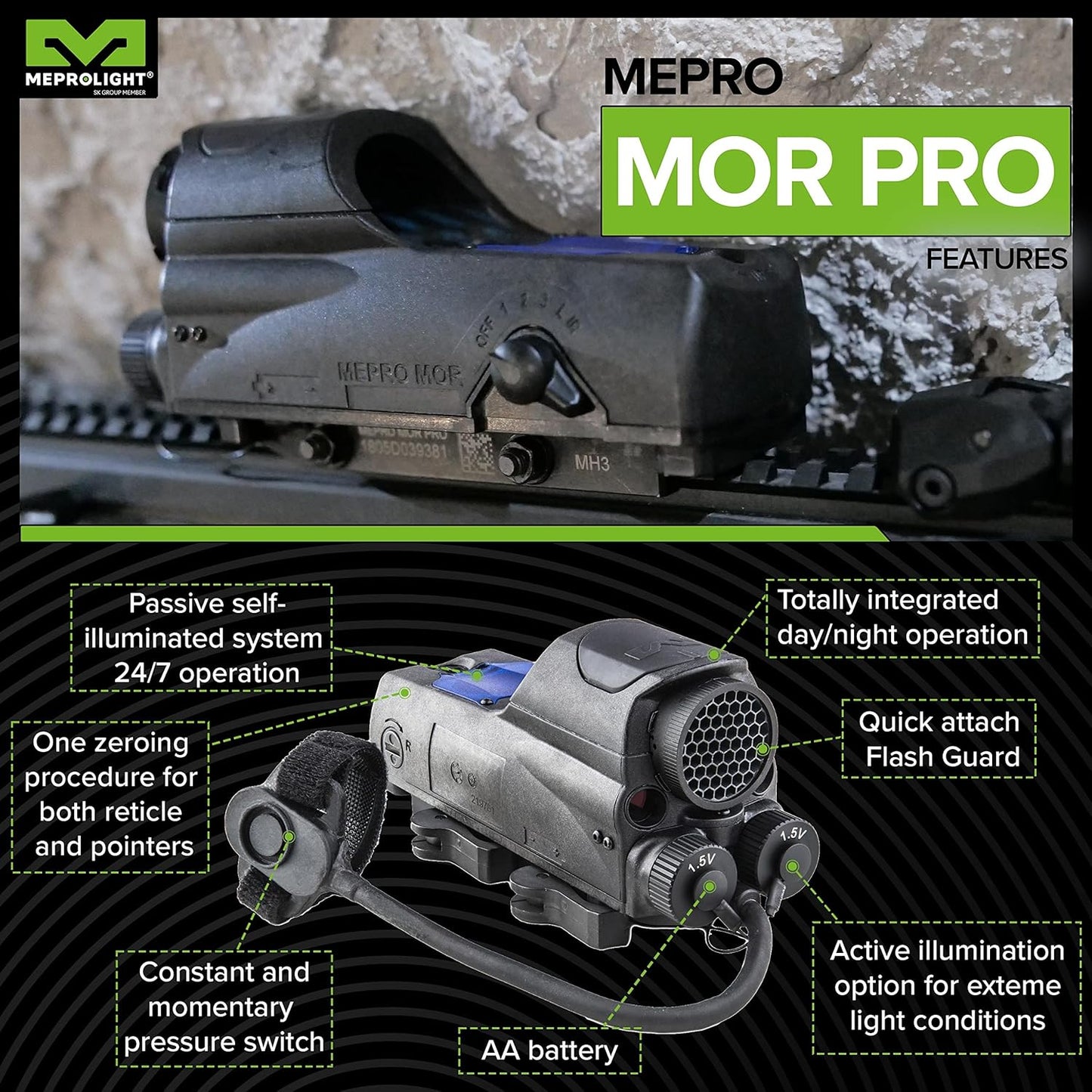 Red Dot Meprolight MOR PRO 2.2 MOA Bullseye Multi-Purpose Tritium/Adj LED Illum Reflex Sight w/Green & IR Lasers