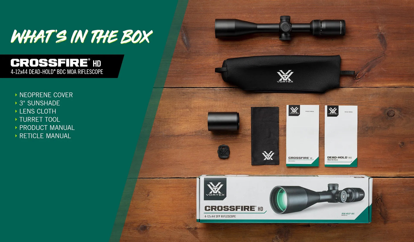 Vortex Crossfire HD 4–12x44 – Dead-Hold® BDC (MOA) | SFP Luneta versátil para caça em campo aberto e tiro recreativo de 100–400+ m